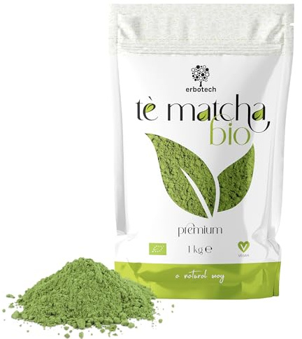 ERBOTECH Thé Matcha BIO/Thé Vert Japonais Biologique en Poudre, Sac de 1 Kg, Multivitamines 100% Naturel, Végétalien, Idéal pour les Desserts, les Smoothies, Thé glacé