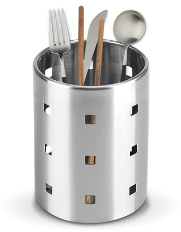 HERCHR Porta Utensilios, Porta Utensilios Redondo para Mostrador de Cocina Porta Utensilios de Cocina de Acero Inoxidable Porta Utensilios de Mostrador Porta Espátulas Cesto Secaplatos para Cocina