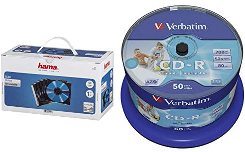 Hama 51269 Custodia CD Slim, 50 Pezzi, Trasparente & Verbatim CD-R 80MIN Datalife Plus Printable Confezione da 50 CD-R