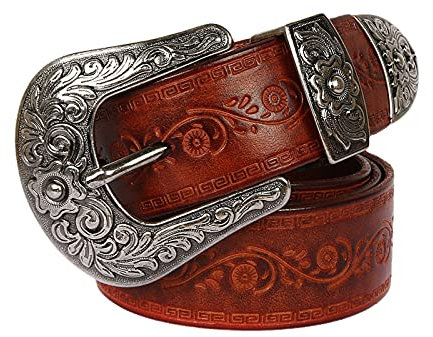 YDYBY Vintage Western Style Echtleder Gürtel für Herren Damen 105cm - 125cm Länge Fashion Embossed Pattern Nietengürtel für Oder Gothic-Outfits,Rot,105CM
