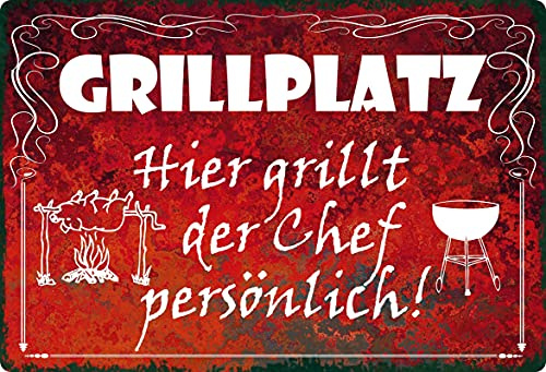 Metall Schild 20x30cm Grillplatz Hier grillt Chef Grill grillen Blechschild