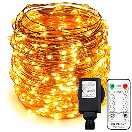 ER CHEN Erchen Strom-betrieben LED Lichterkette, 165 FT 500 LED 50M Stecker dimmbare Kupfer Draht Lichterketten mit 12V DC Adapter Fernbedienung für Innen AuÃŸen Weihnachten Party (warmweiÃŸ)