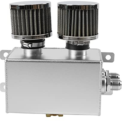 POSENG Universal Aluminum AN10 1.2L Twin Baffle Dual Filter Engine Oil Catch Can Tank With 2 Air Filters Oil Catch Reservoir Tank Can Breather Kit Silver