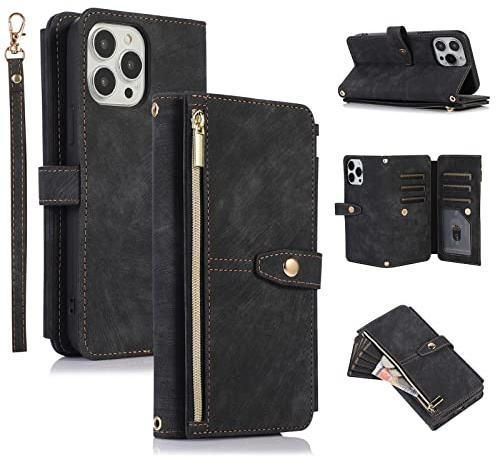 UEEBAI Étui pour iPhone 12/iPhone 12 Pro 6.1 inch, Portefeuille Cuir PU Rétro Rabat Antichoc Housse avec Dragonne Fentes Cartes Fonction Support Fermeture Magnétique - Vintage Noir