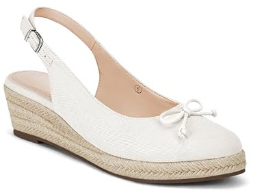 Coutgo Womens Closed Toe Espadrilles Wedges Shoes Platform Slingback Mid Low Heel Canvas Bow Dress Sandals, White, Size 8