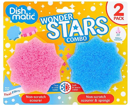 Dishmatic Wonder Stars, Non-Scratch Scourer and Sponge Combo, Multipurpose, Heat Sensitive, Pack of 2