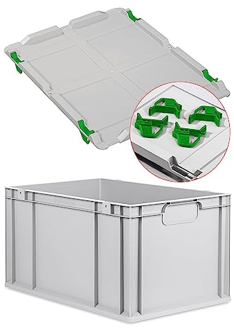 Eurobox NextGen Economy Griffe geschlossen mit Auflagedeckel 60x40x32cm grau Kunststoffbox 65 Liter stapelbar Transportbehälter lebensmittelecht, Farbe Deckel-Verschlüsse wählbar (Grün)