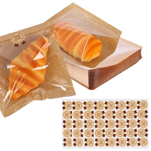 100Pcs Kraft Paper Sandwich Bags Reusable Food Lunch Bags Heat Sealable Toast Packs with Front Clear Cellophane Paper Window to Display Sweets Cookies Snacks Baking Packaging with Stickers (Brown)