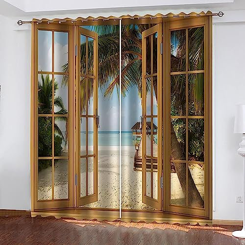 Blickdichte Gardinen Verdunkelungsvorhang Fenster Holzbrücke Meerblick 280 X 180 Cm Thermovorhang Schlafzimmer Lichtundurchlässig Stoff Lärmschutzvorhang Für Junge Mädchen Wohnzimmer Teenage -9O3N+Y6K