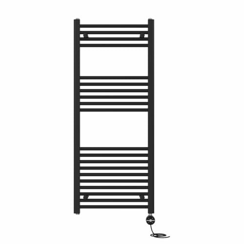 NRG Prefilled Straight Electric Towel Rail Black 1200x500mm 600W Touch LCD | Modern Designer Radiator, Prefilled Glycol, IPX4, 2-10h Timer, T-Piece, No WiFi, No Valves
