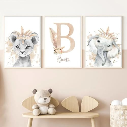 Generisch 3 Personalisierte Bilder mit Namen Baby Tiere Poster Babyzimmer Junge Rose Grau Wandbilder Boho Mädchen Zimmer Bilder Wand Poster Lion Éléphant Bilderwand Leinwand 30x40 cm ohne Rahmen
