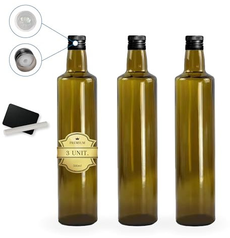 Espirito Rebelde - Lote de 3 botellas de vidrio oscuro para aceites de oliva con pizarra y tiza, para aderezo, salsas, licor, y otros condimentos, 500 ml, con pico vertidor