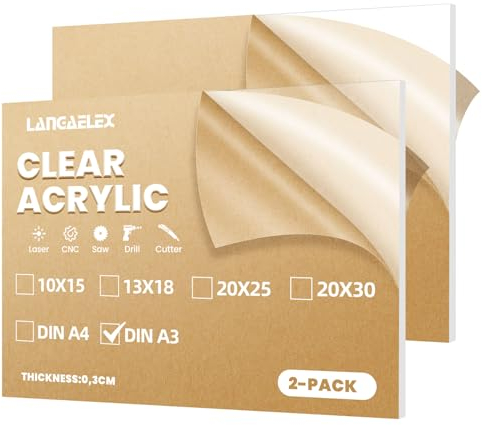 Langaelex 2er Set Acrylglas Platten Transparent 3mm, DIN A3 (297 x 420 mm) Zuschnitt Scheiben ultra klare Acrylplatte für Laserschneiden, Glasersatz, DIY- und Handwerksprojekt