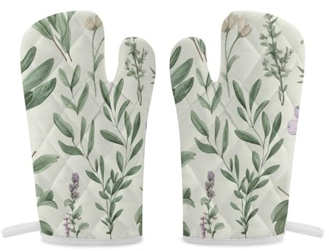 Kochhandschuhe, Ofenhandschuhe, Set mit 2 grünen Blumen, Kräutern, Salbeiblättern und Zweigen, widerstandsfähige Handschuhe mit rutschfesten Grillhandschuhen für Küche, Kochen, Backen, Grillen