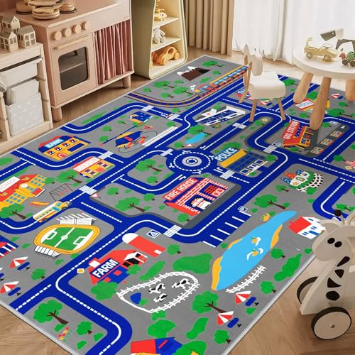 Capslpad Kinderteppich 150x200cm rutschfest Stadtplan Spielteppich Pädagogischer Spielteppich Maschinenwaschbar Kurzer Flor Autoteppich Kinder für Kinderzimmer Schlafzimmer Spielzimme Blau