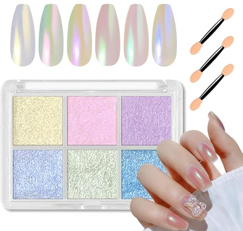 Juego de polvos cromados para uñas, 6 colores, polvo de purpurina con 3 esponjas, aplicador de pincel de uñas, polvo cromado para uñas, efecto espejo para decoración de uñas, bricolaje