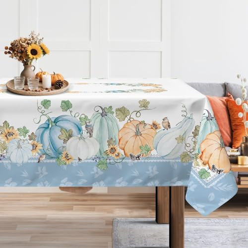 Arquiel Tischdecke Rechteckige, Tischtuch Abwaschbar Vintage Erntedankfest Tischdecken Ahornblatt Blauer Kürbis Lastwagen Tischdecke für Party Picknick Herbst Abendessen Dekor(140 x 180 cm)