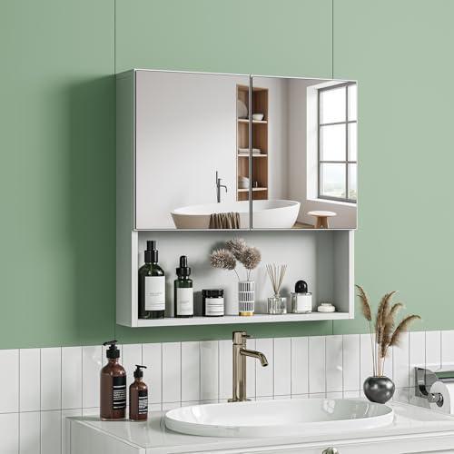 Dripex Bathroom Mirror Cabinet with Open Shelf, 60 x 60 x 12 cm, White