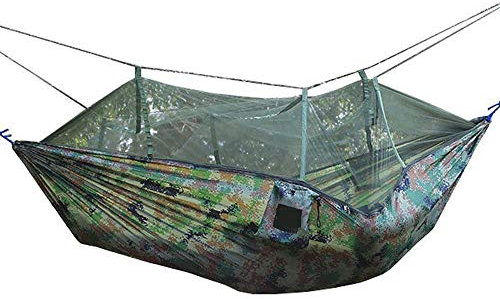 Reisehängematte, Campinghängematte, Doppelhängematte aus Fallschirmtuch mit Moskitonetz für Reisen und Garten (Farbe: Bildfarbe, Größe: 260 cm x 140 cm)