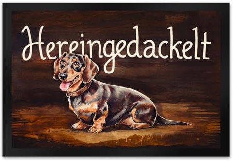 speecheese Hereingedackelt Fußmatte XL in 40x60 cm mit Dackel Aquarellgemälde-Stil auf hölzernem Hintergrund Mit Halsband geschwungener Schriftart Stilvoll dunkler Charme für Ihr Zuhause