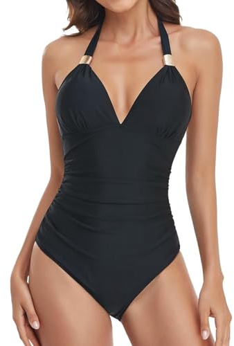 TERODACO One Piece Swimsuit for Women Padded Halter Neck Swimming Costume Women Tummy Control Soft Ladies Swimwear Bathing Suit,Breathable Quick Dry Lightweight CJ0005 Black M
