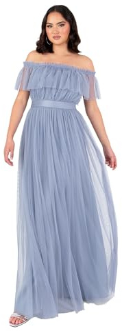 Anaya with Love Damen Women's Maxi Ladies Sleeveless Off Shoulder Bardot Neckline Tulle Sash Tie Belt A-line Bridesmaid Wedding Guest Dress, Blau, 48 EU