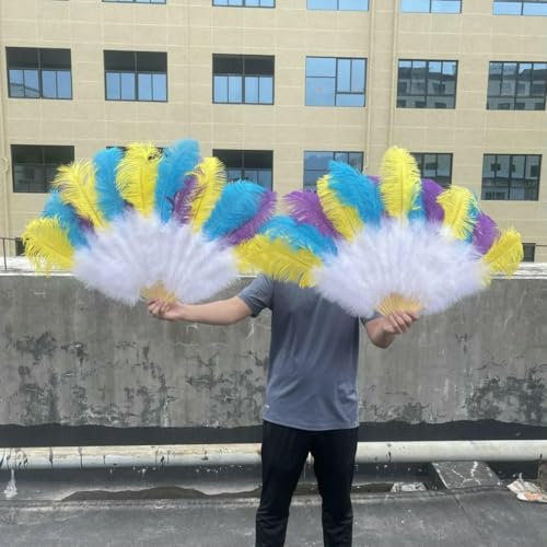 Abanicos grandes de plumas de avestruz blancas, 13 barras, 90/130 cm, plumas esponjosas, plegables, para carnaval, escenario, ópera, accesorios de decoración, multicolor, 1 unidad, 130 cm