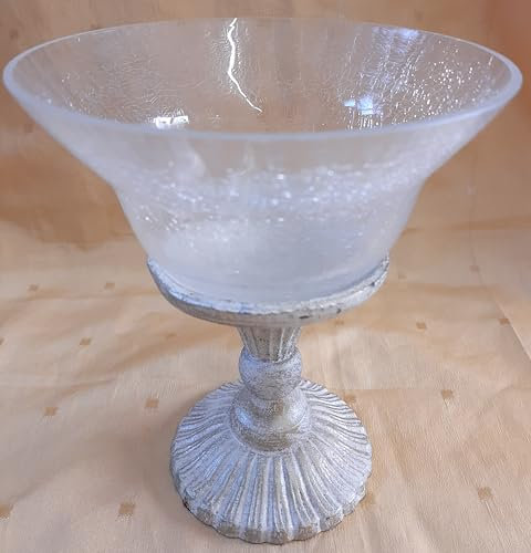 Dekorativer Becher aus meliertem Glas mit Sockel aus Eisen, Kerzenhalter und Potpourri, eisweißes Finish