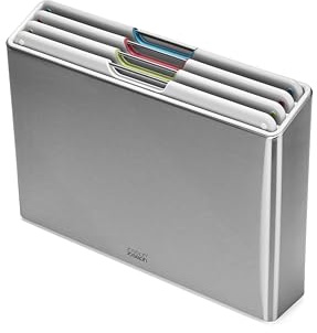 Joseph Joseph Folio Juego de 4 Tablas de Cortar con Código de Color, Estuche para Almacenaje Organizado en la Cocina en Acero Inoxidable
