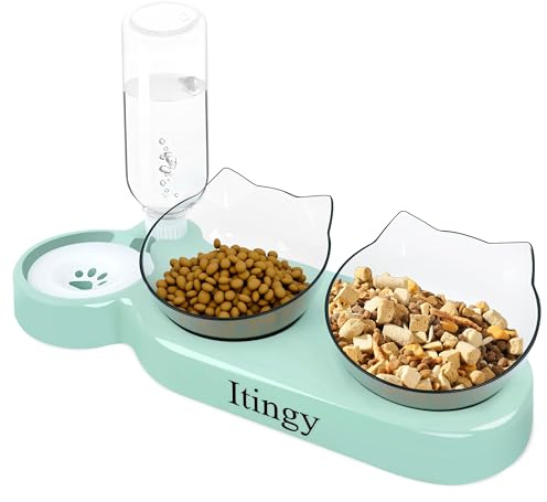 Itingy 3-In-1 Cat Food and Water Bowl Set, Whisker Fatigue Relief Raised Cat Bowl with Stand Tilted 15°, Double Cats Bowls with Removable Water Bottle, Kitten Bowls For Pet to Eat Simultaneously-Green