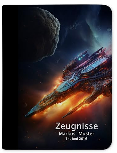 CreaDesign Zeugnismappe A4 mit Namen personalisiert – Spaceshuttle dark – für Jungen – Dokumentenmappe Schule ohne Klarsichthüllen