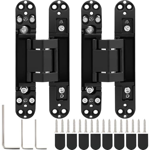 2 Pack Hidden Door Hinges, 6 Inch Black Heavy Duty Hidden Hinges for Secret Doors, 3-Way Adjustable to Bulid Conceal Bookcase Door