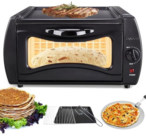 Elektrisk tandougn och pizzatillverkare – 15 l bänkugn med justerbar temperaturkontroll, inkluderar diskklämma och pizzaskal för att göra chapati, roti, Naan, Lahmacun och manakish