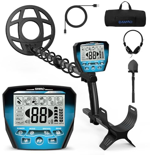 OMMO Detector de Metales Profesional para Adultos y Niños, Detectores de Metales Recargable por USB, 6 Modos, Alta Precisión, Bobina Impermeable IP68, Metal Detector con Pala, Azul