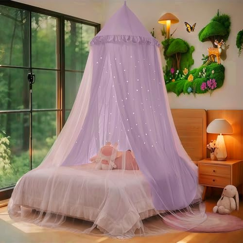 Eimilaly Baldacchino per letto da principessa, baldacchino a doppio strato con stelle ritagliate, baldacchino traspirante e tessuto viola lavabile, adatto per letto singolo/matrimoniale, tenda per