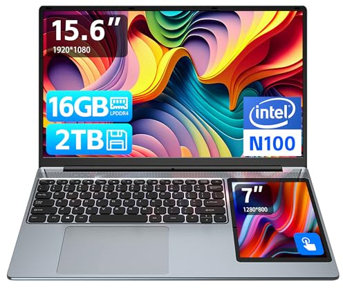 Ordenador portátil IPS de 15.6 pulgadas + táctil de 7 pulgadas, 12ª generación N100 de doble pantalla, 16G DDR4 RAM 512G SSD Slim Office Notebook PC con teclado retroiluminado, lápiz capacitivo de