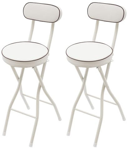 GSHIOIO Folding Stool with Back, 25.6 Inch Counter Height Foldable Stool, Round Leather Padded Portable Foldable Chair for Gardening Outdoor Indoor Kitchen Camping Shop Cafe (White, 2 Pack)