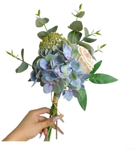 Bouquet de roses d'hortensia artificielles en soie pour mariage et décoration d'intérieur avec tiges métalliques flexibles, avec rose, hortensia et eucalyptus (bleu)