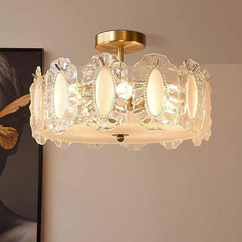 QTHWB Lampadari di Vintage semifulpassollo soffitto Filo con Lampada Basso Oro a Bassa Profilo per Soggiorno Cucina da Pranzo, bulbo dimmerabile Fatto in