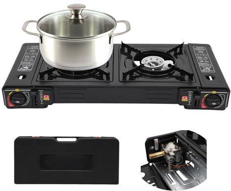 LKHDONG Réchaud à gaz portable à 2 feux - Pour camping - Table de cuisson - Table de cuisson - Réchaud à gaz double avec valise - Allumage piézoélectrique 2,5 kW (sans plaque de grill)