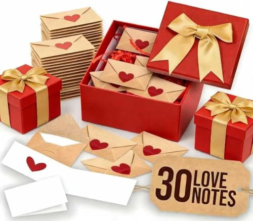 DIY Love Notes Box, Mini Blank Cards & Envelopes for Him/Her, Romantic Personalized Gift for Valentine’s Day with Heart Stickers, Little Love Notes for Wife,Husband, Anniversary & Birthday (30pcs)