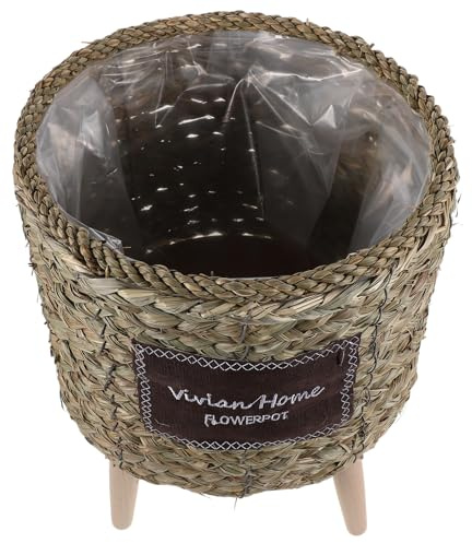 FOMIYES Cesto Intrecciato a Mano per Piante da Interno ed Esterno con Supporto in Legno Naturale, Portafiori Rustico per Giardino e Portico, Vaso Intrecciato Decorativo e Funzionale, 35
