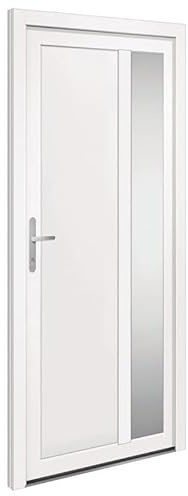 Puerta de entrada blanca 98 x 208 cm PVC con relleno de poliestireno sándwich – Resistente a la intemperie y duradero para casas unifamiliares – Puerta exterior moderna con seguridad y aislamiento