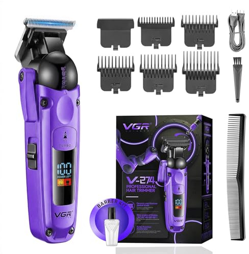 VGR 274 Cortapelos Hombre Inalámbrico, Palanca Ajustable, Turbo, Púrpura | Maquina de Cortar pelo Hombre, Trimmer Profesional de Precisión con Cuchilla T de Cerámica, Pantalla LED