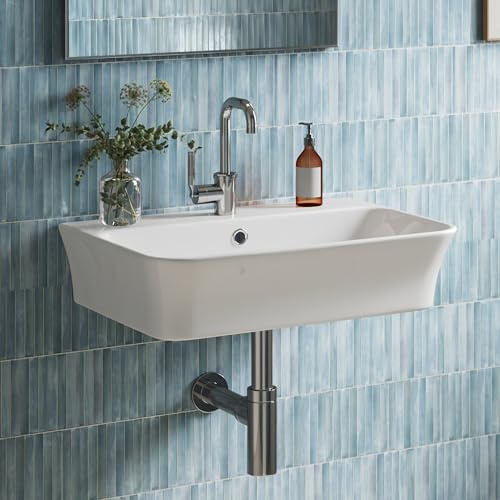 Vasque Lave Mains Céramique – Lavabo Mural Suspendu 45cm avec Trop-plein – Évier Salle de Bain à Poser ou Fixation Murale – Bonde Pop-Up Incluse – Design Coins Arrondis Nettoyage Facile – Blanc