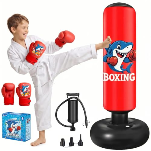 Qoosea Sac de Boxe pour Enfants 3 à 8 Ans, 130cm Gonflable Sac de Frappe sur Pied, Sac de Boxe Set de Formation avec Gants, Cadeau Parfait pour Garçons et Filles pour Karaté, Taekwondo | Sac autoportant motif dinosaure pour enfants de 3 à 8 ans en PVC durable et sûr avec pompe à air incluse Cadeau de jeu actif