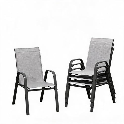 Gartenstühle Stapelbar 4er Set, Stapelstühle Bis 150 kg Belastbar, Wetterfeste Balkonstühle Mit Armlehnen Und Metallgestell, Terrassenstühle Für Terrasse, Veranda, Balkon, Garten, Pool, Grau-B