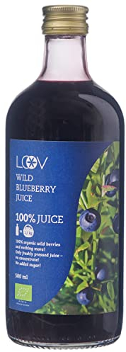 Zumo de Arándanos Silvestres Orgánico LOOV, 500 ml, cosechado en bosques nórdicos, rico en antioxidantes, 100% de arándanos prensados ​​directamente, no de concentrado, sin agua ni azúcar añadido