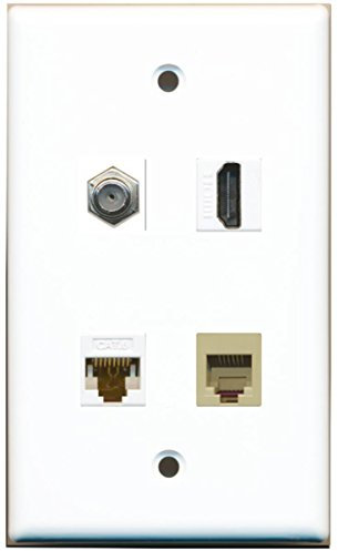 Riteav HDMI a 1 porte e 1 porte cavo coassiale TV tipo F e 1 porta telefono RJ11 RJ12 beige e 1 porta Ethernet CAT6 bianco da parete piastra