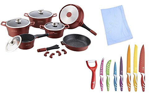 Set di Pentole Royalty Line 23 Pezzi in Pietra Lavica + Set di Coltelli Rivestiti in Ceramica con Pelapatate e Servizio da Te' in Omaggio